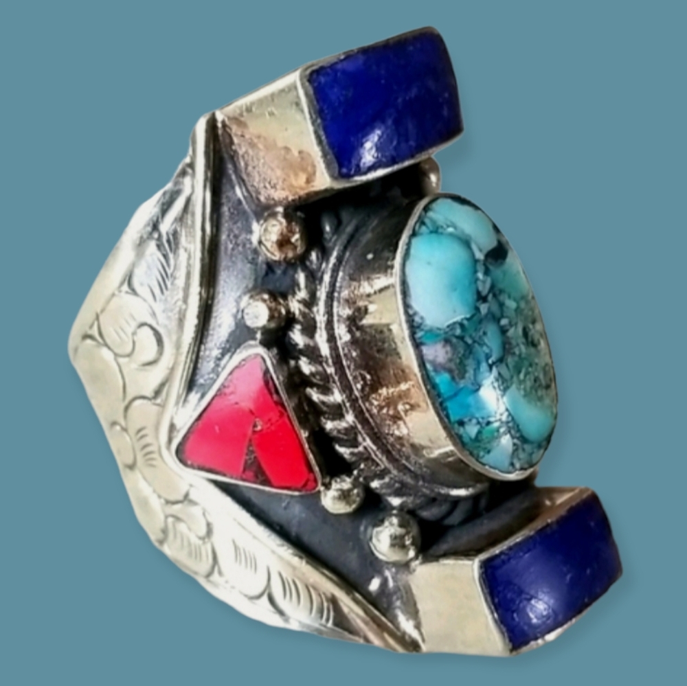 Southwestern Boho Tribal Turquoise Coral and Lapis Silver Tone Hand Crafted Ring